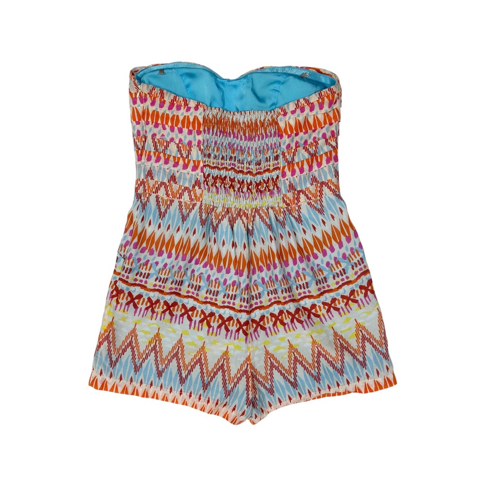 Cotton Silk Strapless Tribal Print Romper Sweetheart Neckline Orange Blue M - Picture 3 of 8